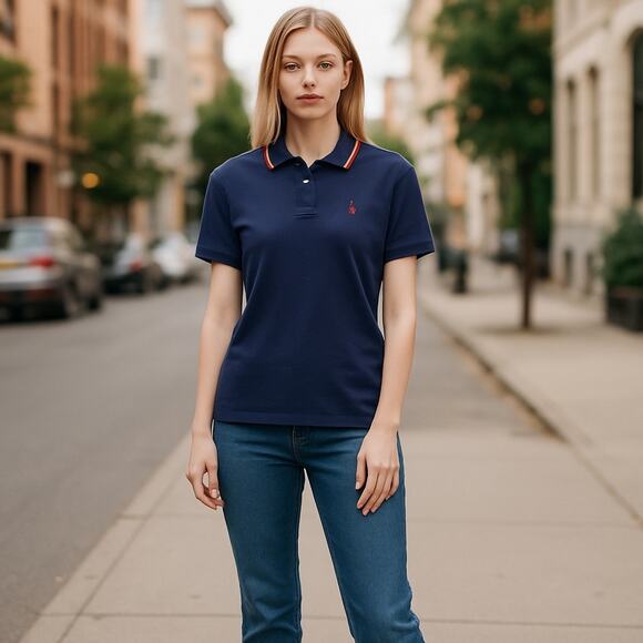 Vintage Ralph Lauren Women’s XL Polo Shirt Navy Red Pony Cotton Collar Stripe - Picture 1 of 7